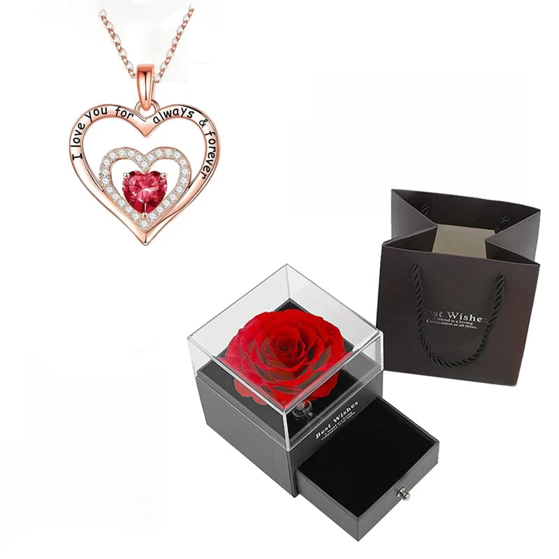 Luxury Red Zircon Pendant Necklaces with Rose Flower Gift Box for Girlfriend Women I Love You Gifts 2024 Trendy Wedding Jewelry